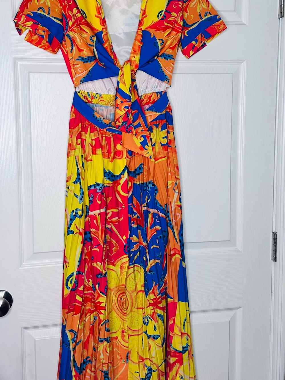 L'ATISTE Bold Multicolor Tie-Front Maxi Dress — Yellow, Blue, Orange, Red